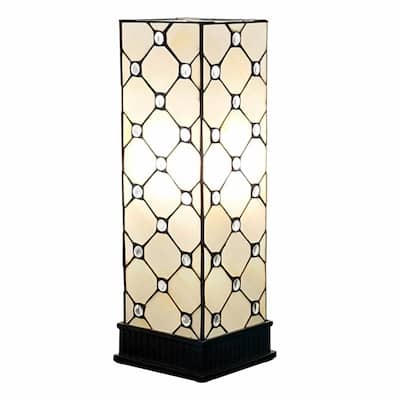 Dark Brown Resin Table Lamp with Black Off-White Stained Glass Drum Shade - 12” x 12” x 24” (D x W x H)
