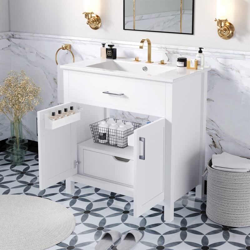 30'' Bathroom Vanity with Ceramic Sink Top, Bathroom Storage Cabinet with 2 Soft Close Doors, 1 Storage Shelf and Drawer