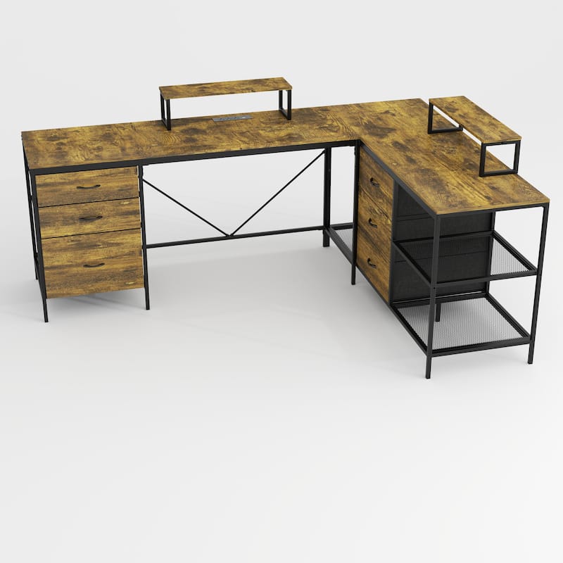 113.8" L-Shaped Desk with Power Outlets & USB-C & 6 Fabric Drawers