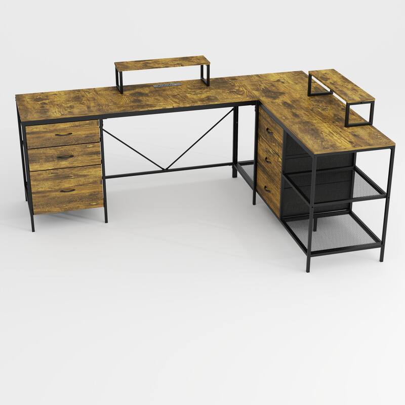 Anmytek Rustic Industrial L Shaped Desk with Power Outlets USB C 6 Fabric Drawers 3 Open Shelves Movable Monitor Stands