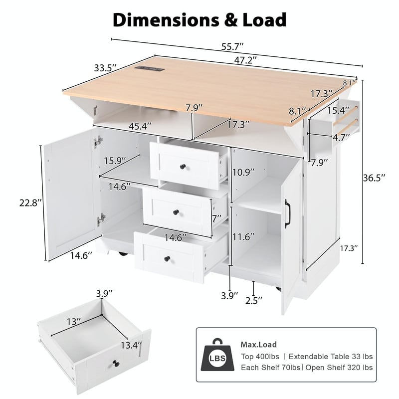 55.7" Rolling Kitchen Island with Double Drop Leaf, Power Outlet, 3 Drawers, Spice & Towel Rack, Folding Dining Table Cart