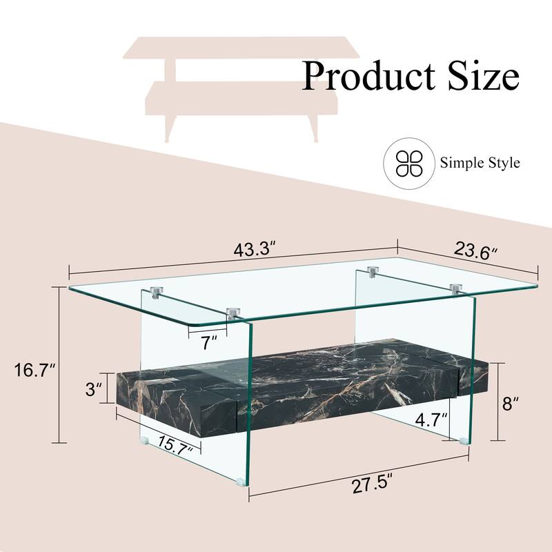 40.3-Inch Sturdy Double-Layer Coffee Table - Tempered Glass Tabletop And Table Legs,With A Load-Bearing Capacity Of 250 Pounds