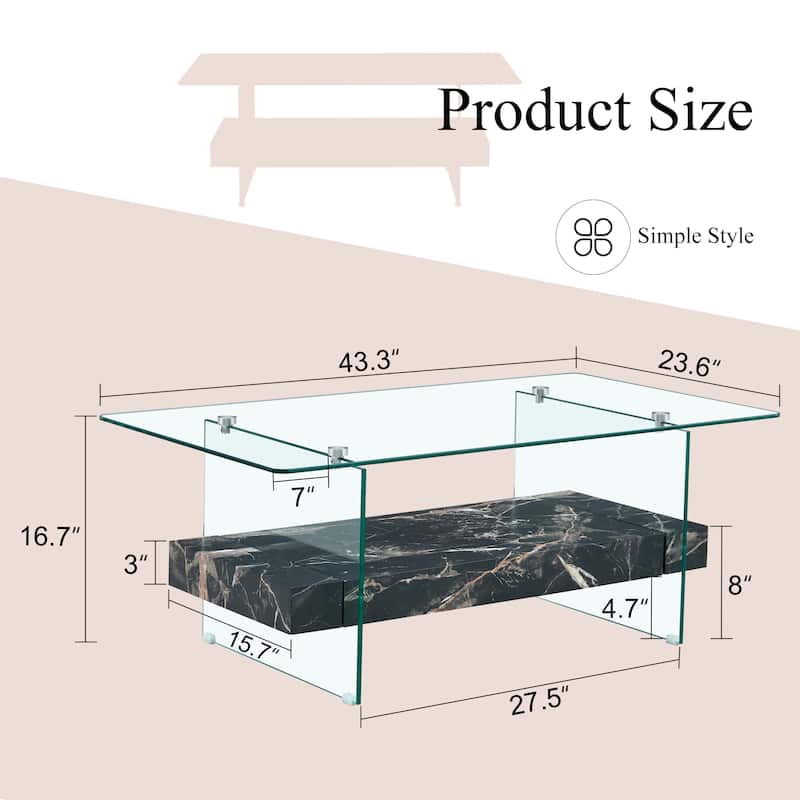 Modern Rectangular 2-Tier Coffee Table Multifunctional Coffee Table with Storage Space and Non-slip Feet, for Living Room