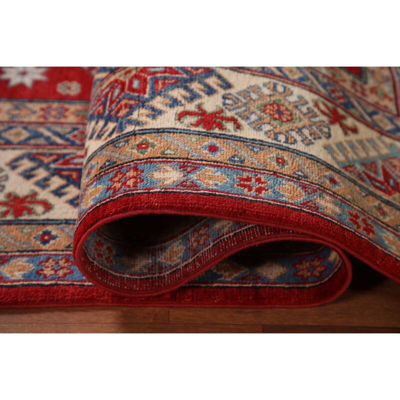Geometric Red Kazak Area Rug Hand-Knotted Wool Carpet - 6'5" x 9'10"