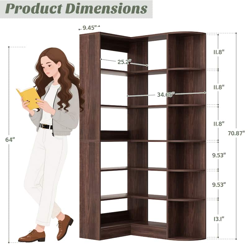 6-Tier Corner Bookshelf, 71" H Freestanding L-Shaped Book Shelf with Baffle, Corner Open Display Shelf Bookcase