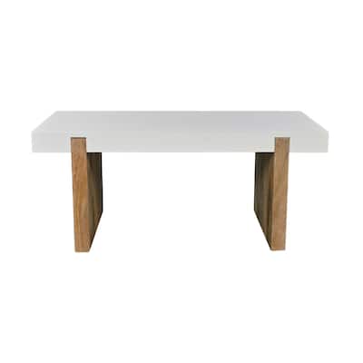 38 Inch Mango Wood Coffee Table, Rectangular, Sled Base, Glossy White, Natural Brown - 20"L x 38"W x 16"H