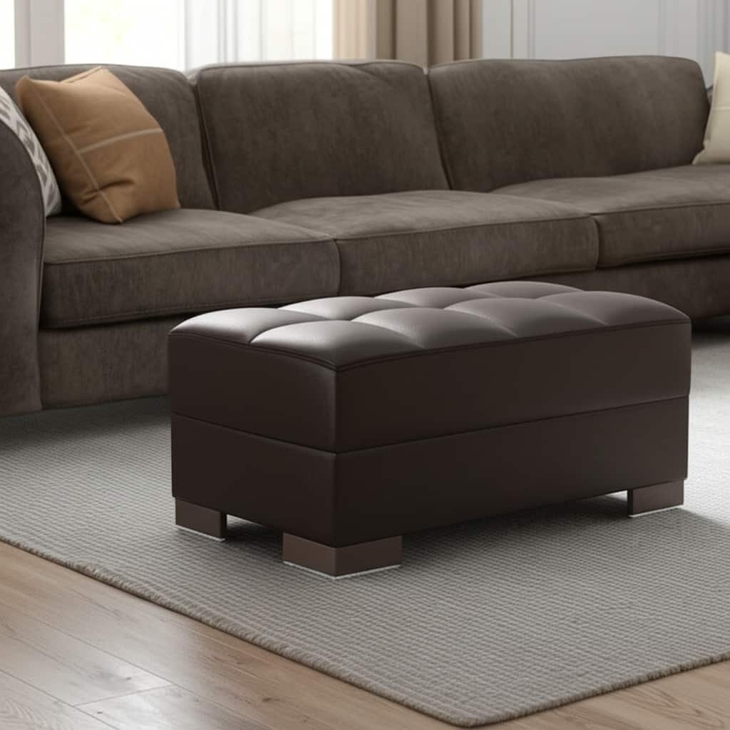HomeRoots 52" Brown Faux Leather Tufted Storage Ottoman