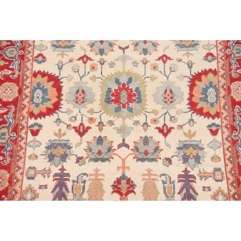 Blue Geometric Kazak Area Rug Hand-Knotted Oriental Wool Carpet - 4'11" x 6'7"