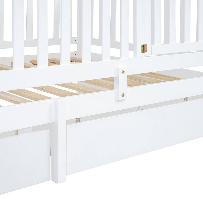 Solid Wood Daybed with Fence Guardrails and 2 Drawers, Split into Independent for Bedroom
