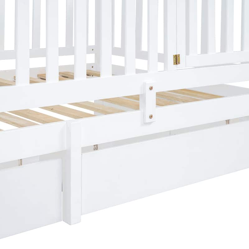 Twin Size Wood Daybed with Fence Guardrails and 2 Drawers, Split into Independent Floor Bed & Daybed