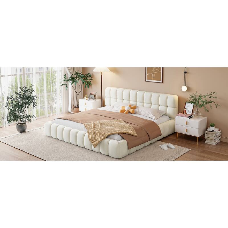 Roomfitters King Size Upholstered Platform Bed, Low Profile Fabric Bed Frame with Solid Wood Support