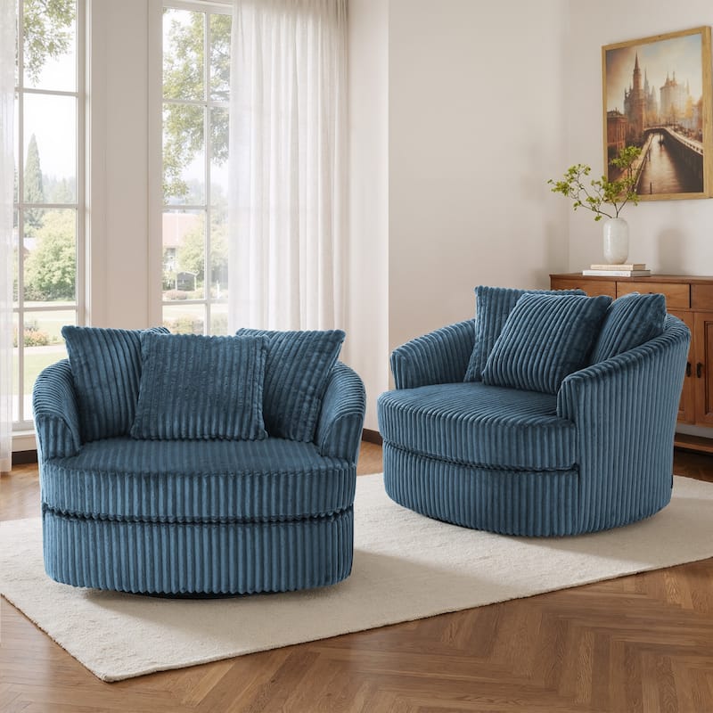 Oversized 43" W Plush Corduroy Slipcovered Swivel Barrel Chair with Pillows Set of 2