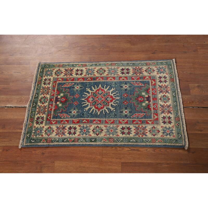 Blue Kazak Oriental Accent Rug Hand-Knotted Wool Carpet - 2'0" x 3'0"