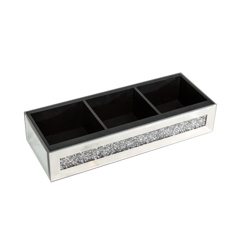 Set Of Two Silver Mirrored Glass Three Section Jewelry Organizers With Faux Crystals