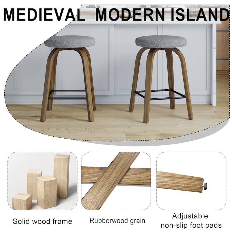 Swivel Bar Stools Set of 2, Counter Height Backless 26″Bar Stool, Fabric Upholstered Seat, Sturdy Wood Legs and Metal Footrest