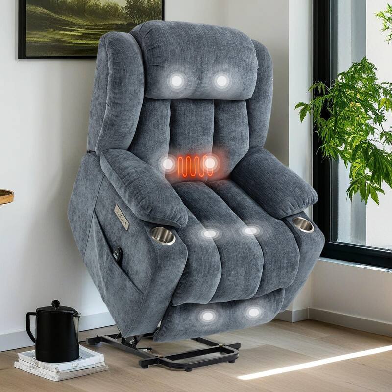 Chenille Power Lift Recliner Chair with Massage and Lumbar Heating, Dual Cup Holders - Blue-gray