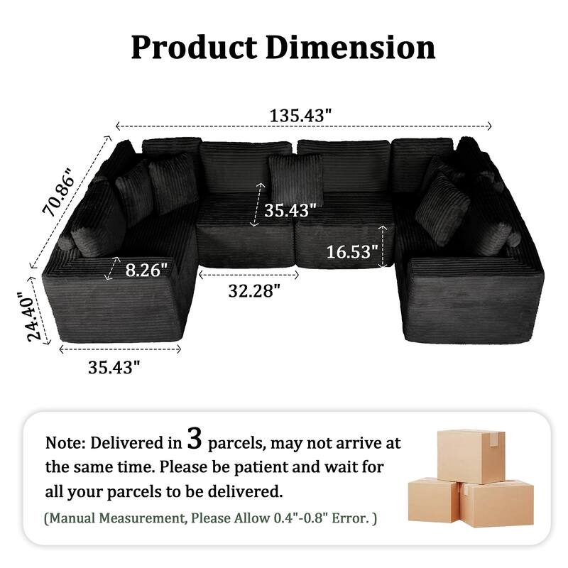 135.5 Inch U Shaped Modular Sectional Sofa, 6 Seat Corduroy Chaise Couch with Reversible Layout