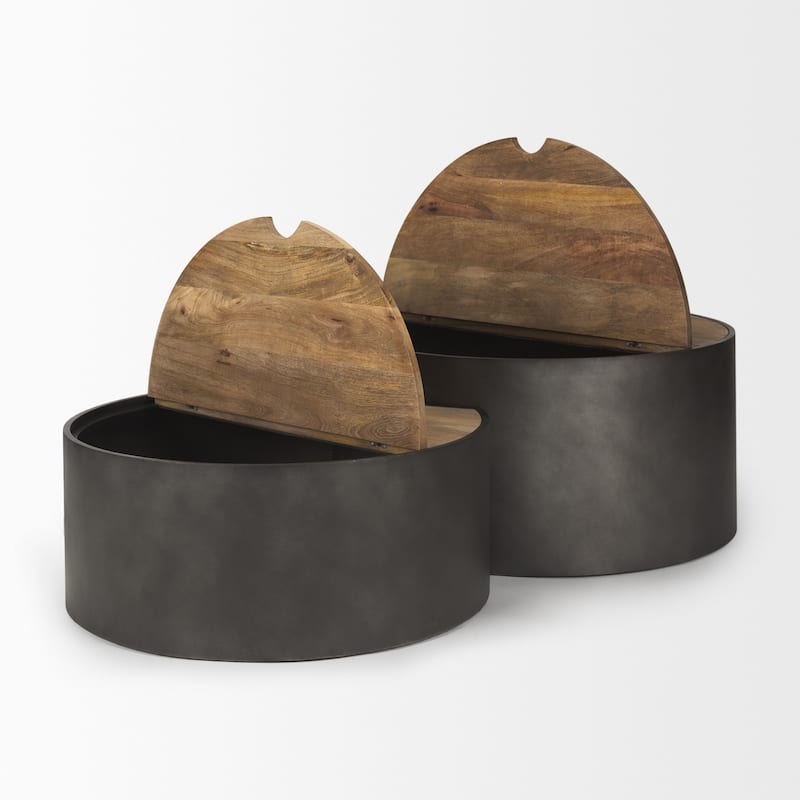 Eclipse Gunmetal Grey Drum Base w/ Medium Brown Solid Wood Top Nesting Coffee Tables (Set of 2)