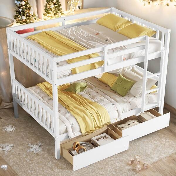 slide 2 of 22, Elegance Full over Full Wood Bunk Bed with Convertible into 2 Full Beds with 2 Drawers, Ladder and Safety Guardrails White