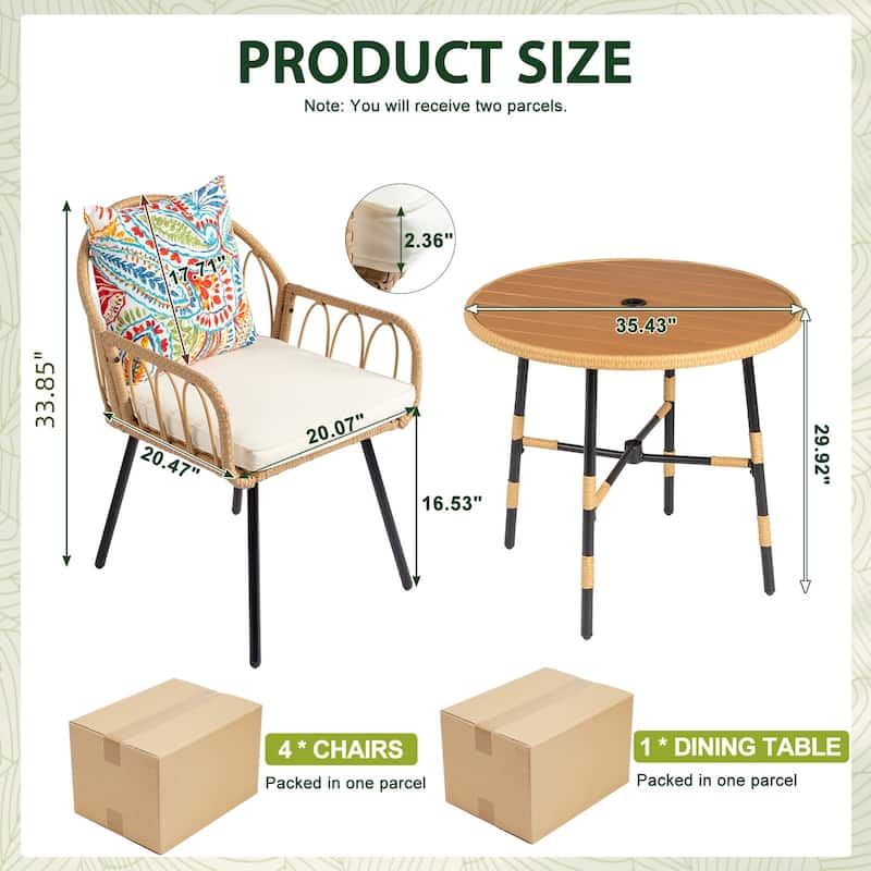 5-Piece Outdoor Patio Dining Round Table Set Included 4 Rattan Chairs with Cushions Seat and Umbrella Hole
