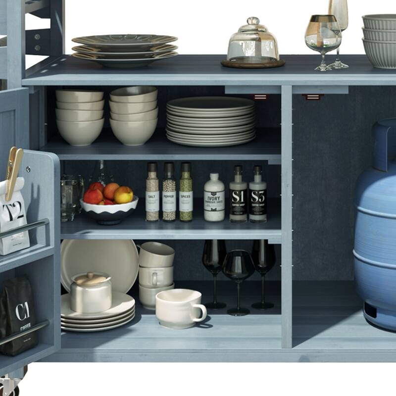 53.3" Outdoor Kitchen Island with Raised Shelf,Solid Wood Storage Cabinet with Stainless Steel Top(NO CHAIR) - N/A
