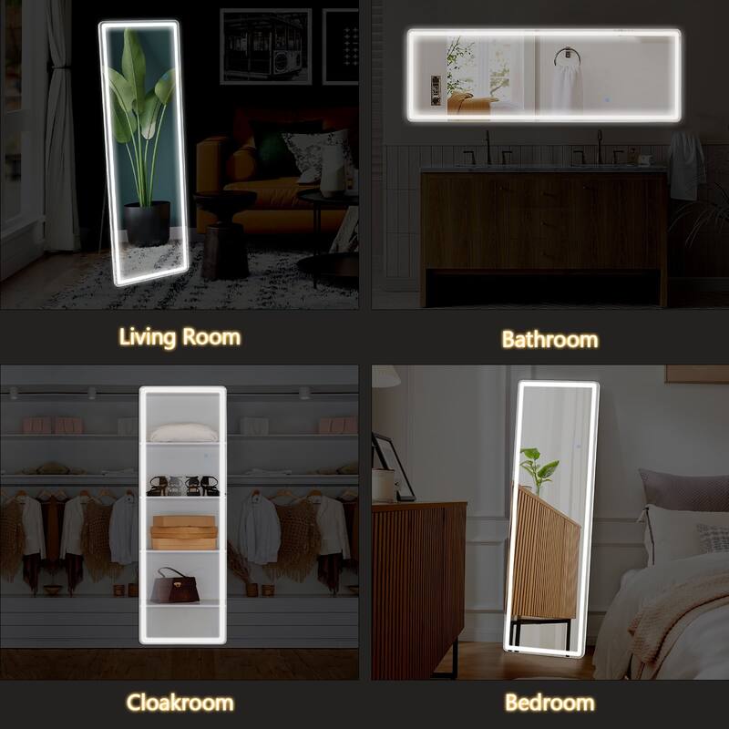 Floor Mirror with LED Light, 64" x 21" Full Length Mirror with Stand, Hanging Mirror Wall Mounted Mirror Full Body Mirror