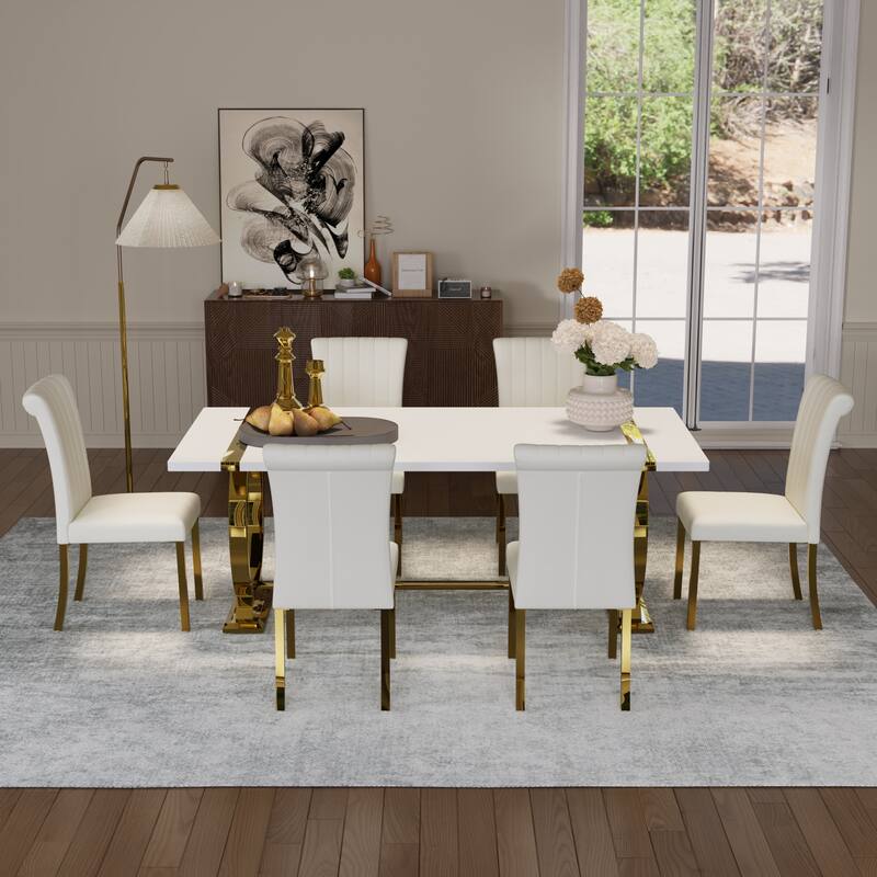 Modern White Dining Table with Polished Stainless Steel Circle Base