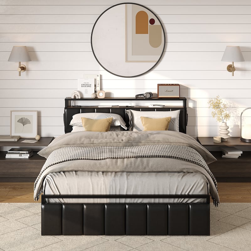 Bed Frame Storage Platform Bed with Charging Station Headborad and LED Ligths