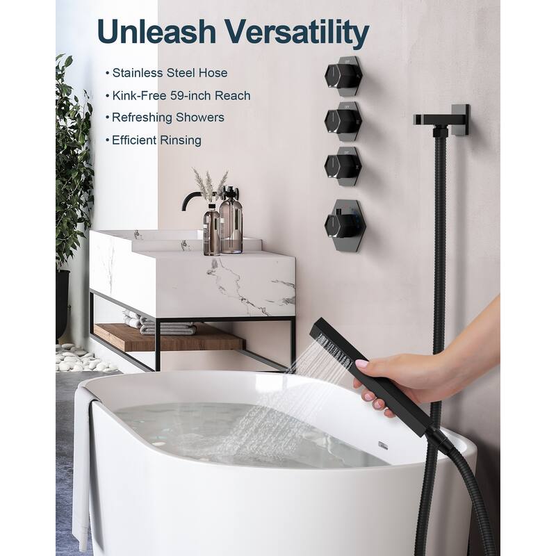 GRANDJOY Dual Shower Heads System 16 inch Ceiling and 6 inch Wall Mount Rainfall/Massage/Waterfall Mode Handheld Spray LED Music