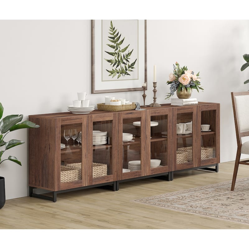 WAMPAT Multifunctional Sideboard Buffet Cabinets with Glass Doors, Modern Sideboard with Adjustable Shelf, Coffee Bar Cabinet - 3PCS - Brown
