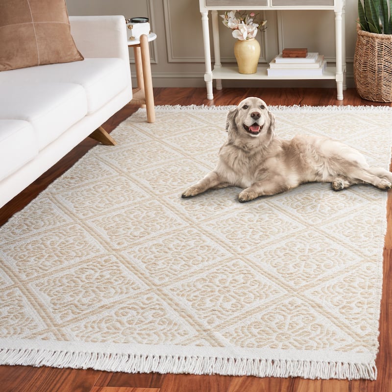 SAFAVIEH Handmade Kilim Ozgen Trellis Tassel Wool Rug - 8' x 10' - Gold/Ivory