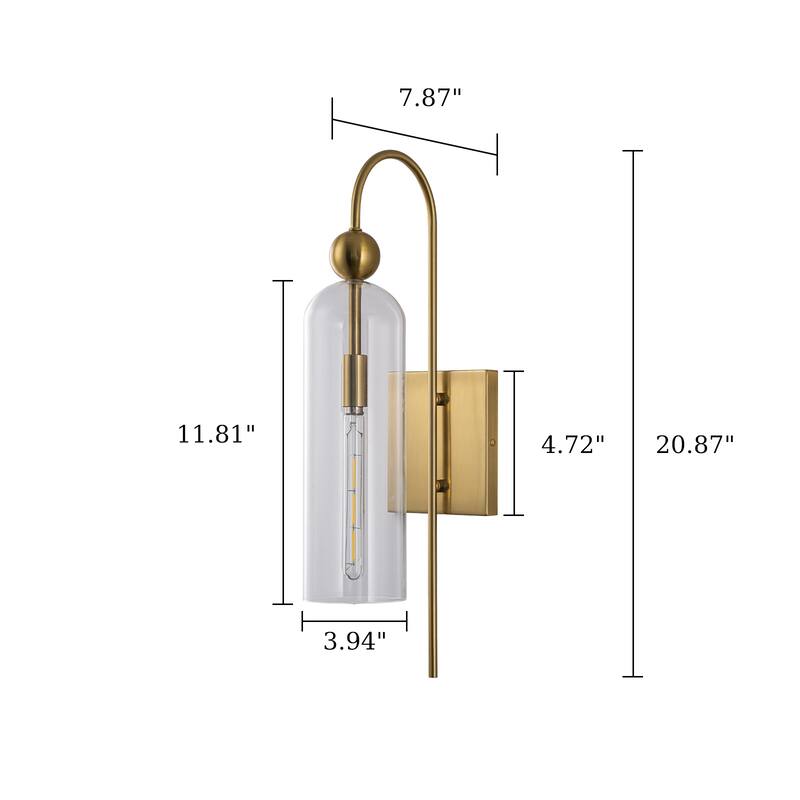 1-Light Brass Wall Sconce with Clear Cylindrical Glass Shade - 4.7" W × 7.9" D × 20.9" H