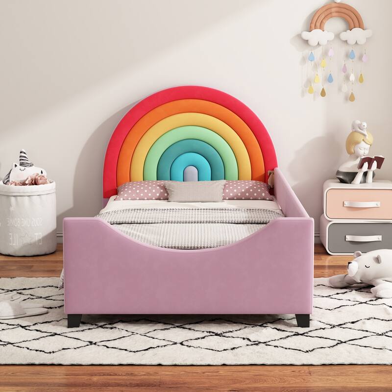 Rainbow Upholstered Twin Daybed Low to The Ground Design Cute Style Princess Bed for Boys & Girls, Teens, Colorful & Pink