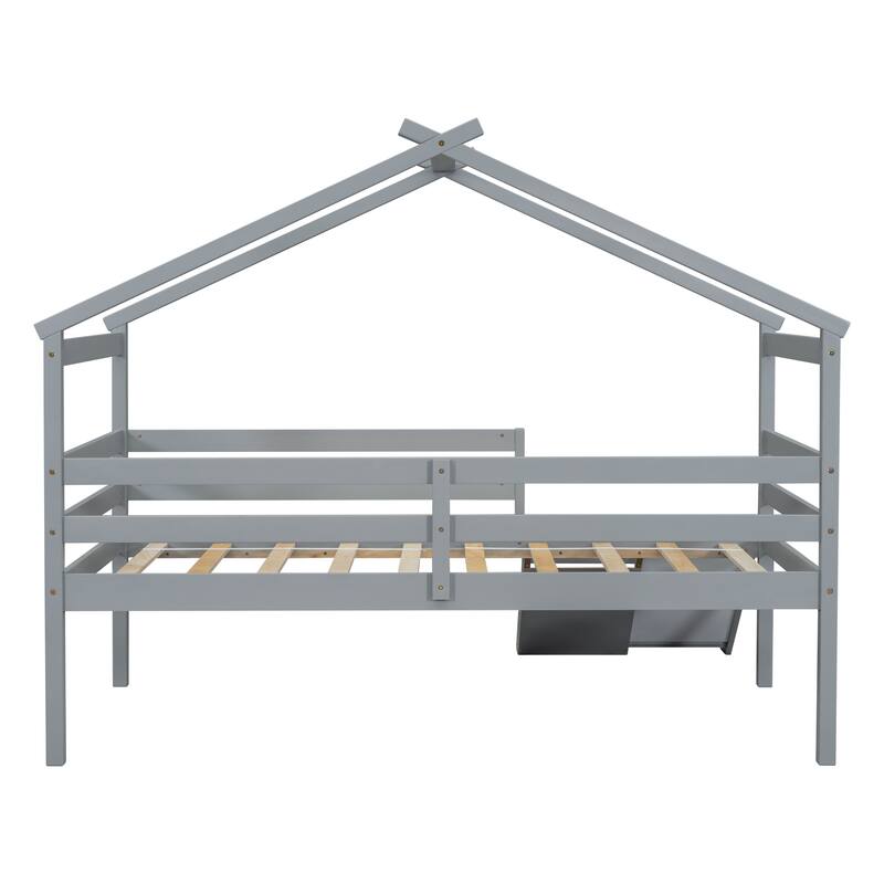 Twin Size Pine Wood Low Loft House Bed with Slide, Ladder, Safety Guardrails and House Roof Frame