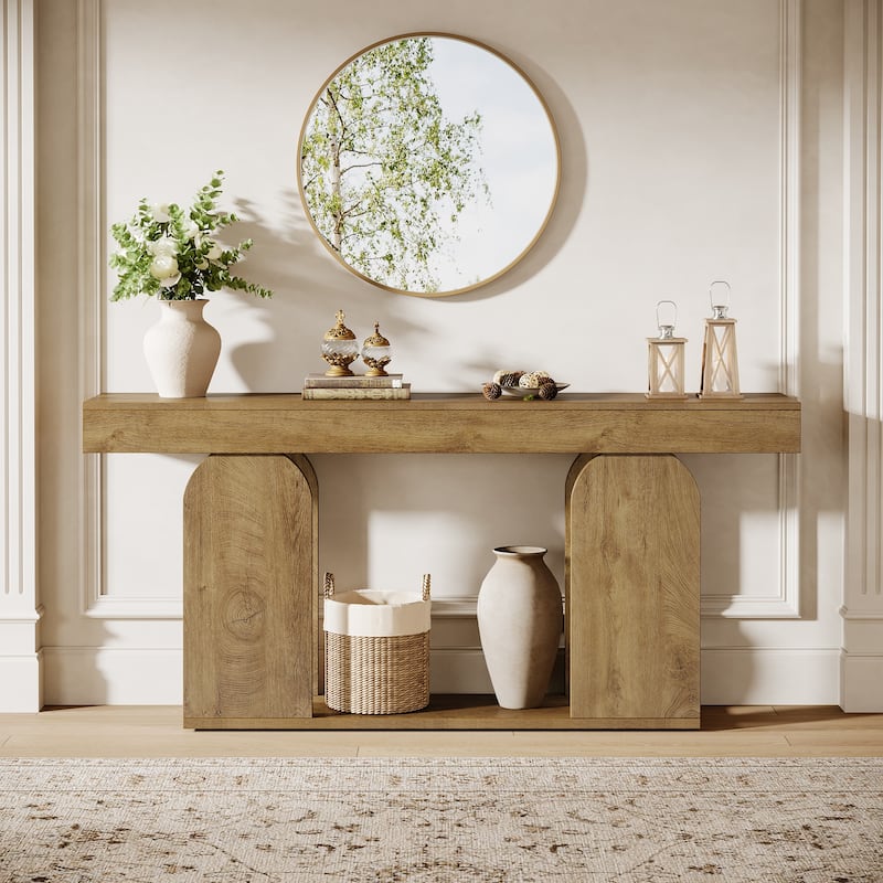 Industrial Wood Entryway Console Table with Dual Storage Shelves