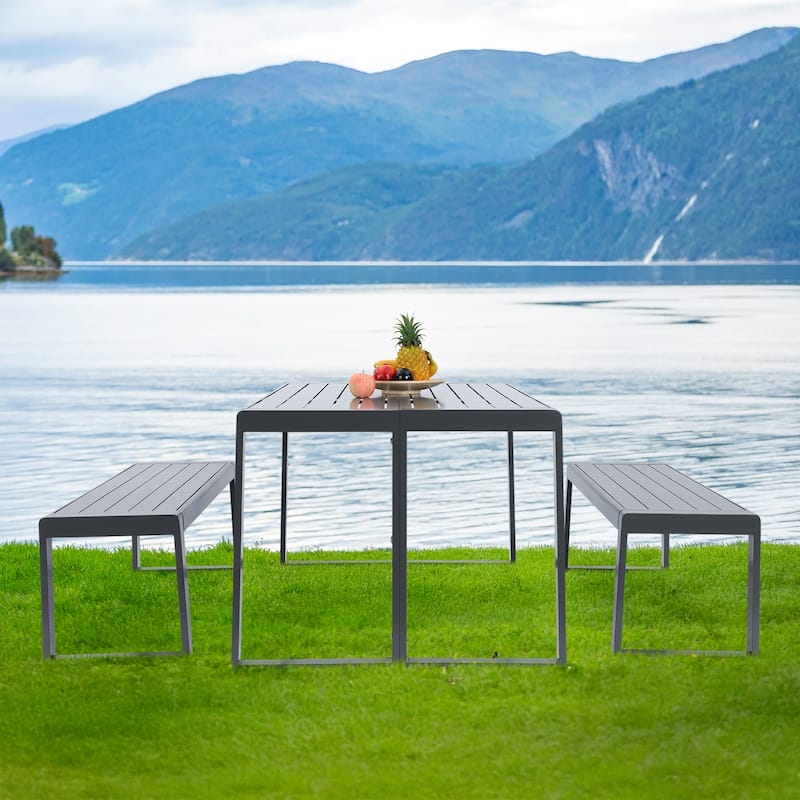 Aoodor 3-Piece Outdoor Patio Dining Set, Aluminum Furniture Set with 1 Rectangular Picnic Table and 2 Benches - N/A