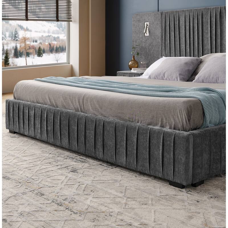 King Size Upholstered Bed Frame with Chenille fabric with pleated design,Grounded King Size Platform Bed