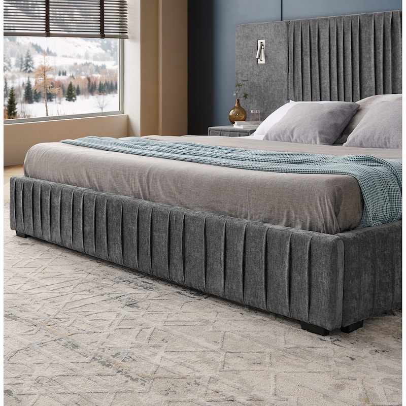 Pleating Upholstered Bed Platform Bed Frame with Enlarged Widened Headboard and Integrated Bedside Table Adjustable Bedside Lamp