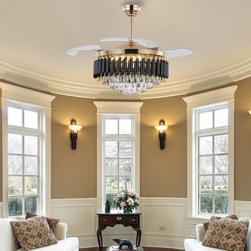 48" Crystal Fandelier Ceiling Fan with Light and Retractable Blades LED Dimmable for Bedroom Living Room - 48 Inches