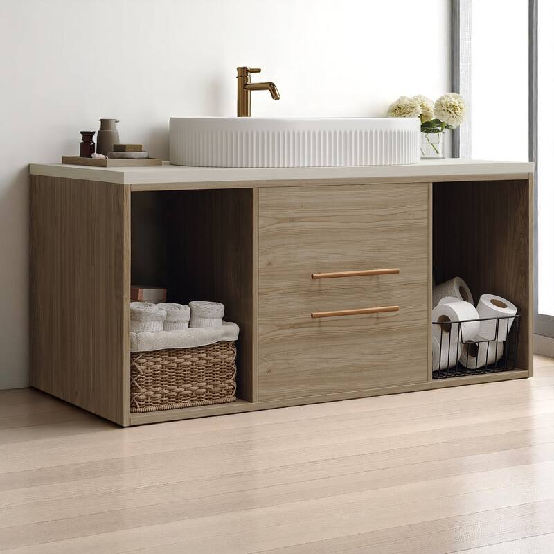 Wall-Mounted Bathroom Vanity with Ceramic Sink, 38.2" Floating Cabinet with Drawers & Shelves, Soft-Close Storage