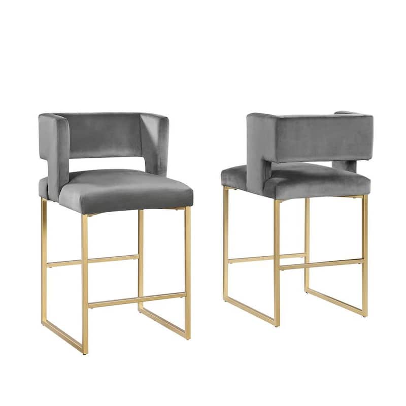 27 Inch Counter Stool Set of 2 with Soft Padded Gray Velvet Upholstery, Gold Metal Legs, Kitchen Side Stool