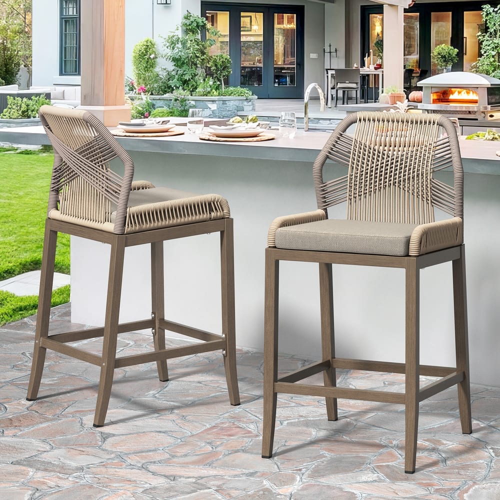 2 Set Modern Aluminum Twill Wicker Woven Outdoor Bar Stool Chair Set, Counter Height Stool with Back and Cushion - 40.6"H