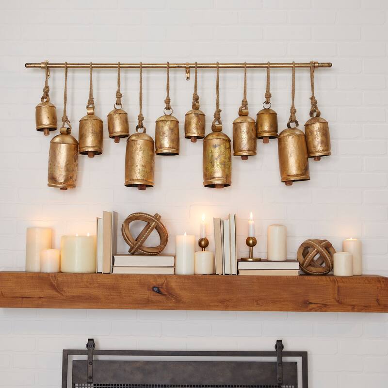 Bronze or Gray Metal Tibetan Inspired Decorative Cow Bell with Jute Hanging Rope and Rod - Bronze
