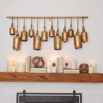 Bronze or Gray Metal Tibetan Inspired Decorative Cow Bell with Jute Hanging Rope and Rod