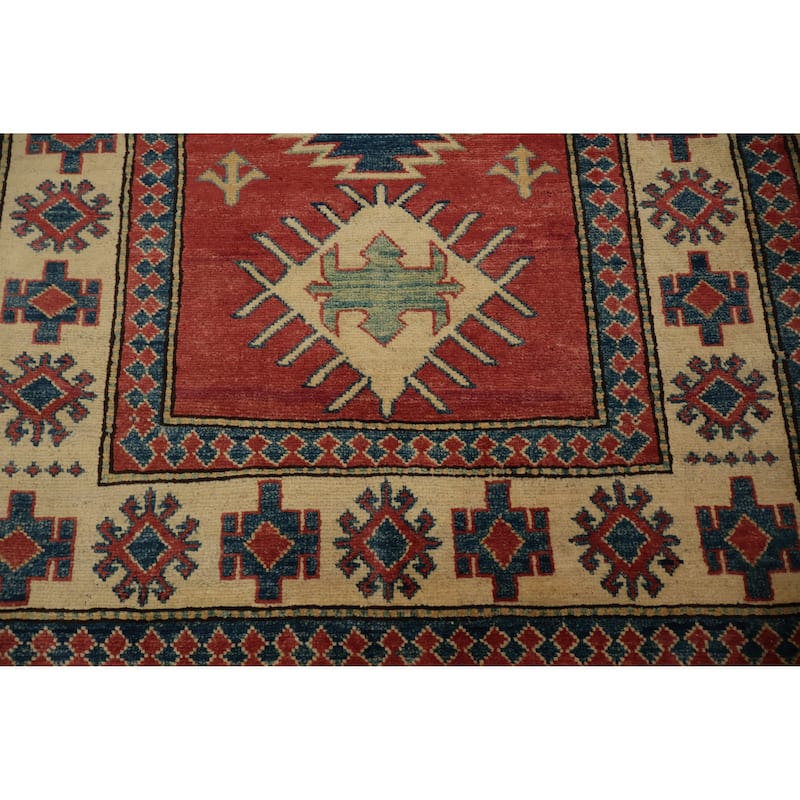 Hand Knotted Oriental 100% Wool Carpet Traditional Geometric Red Kazak Area Rug - 4' 11'' X 3' 8''