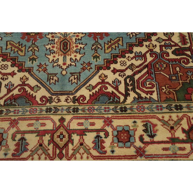 Hand Knotted Oriental 100% Wool Carpet Traditional Medallion Navy Blue & Blues Heriz (serapi) Area Rug - 9' 10'' X 8' 0''