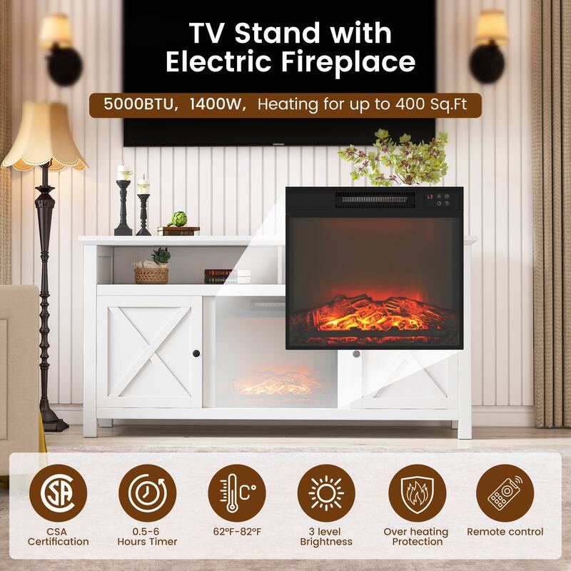 58 inch TV Stand with Fan-forced Flat Wall Electric Fireplace with Remote Control Included