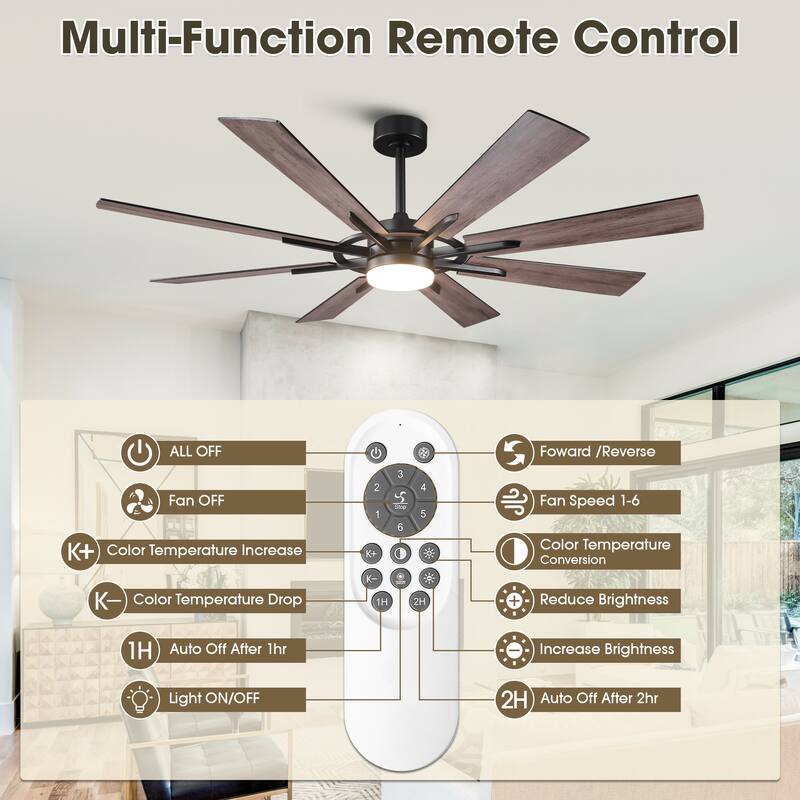 60" Matte Black Large Windmill Farmhouse Integrated LED Ceiling Fan with Light and Remote - 60"Wx12.8"H