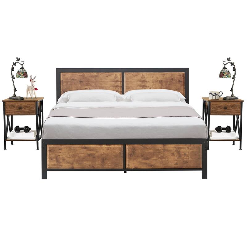 VECELO 3-Pieces Bedroom Sets, Platform Bed with Headboard and Set of 2 Nightstands