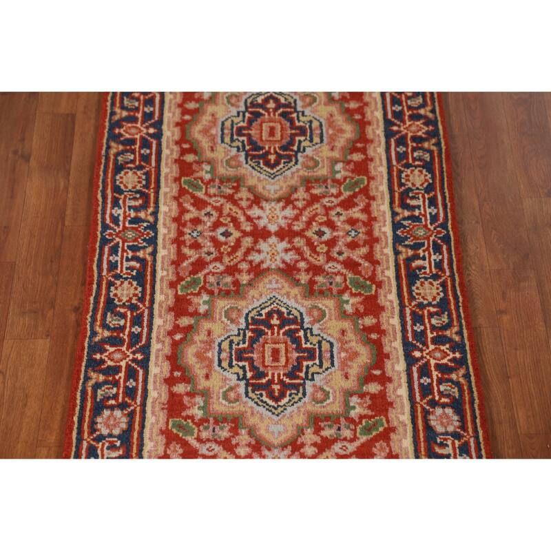 Geometric Heriz Serapi Style Runner Rug Handmade Red Wool Carpet - 2'5" x 10'1"